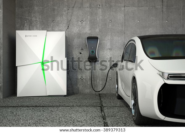 Electric vehicle\
charging station for home. The charge point powered by battery\
storage system. Original\
design.