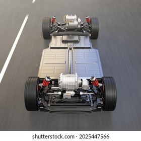 Electric Vehicle Chassis Equipped With Battery Pack Driving On The Road. 3D Rendering Image.