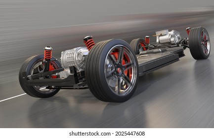 Electric Vehicle Chassis Equipped With Battery Pack Driving On The Road. 3D Rendering Image.