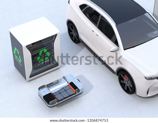 Electric vehicle, EV battery\
and reused EV batteries power supply system concept. 3D rendering\
image.