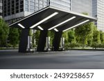 Electric vehicle fast charging station. 3d rendering of abstract architecture with city background.