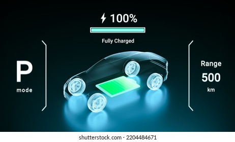 Electric Vehicle Fully Charging Battery Using DC Fast Charger, Smart Information EV Power Station Status Display, Futuristic Design Hybrid Car Power Level Indicator UI Interface 3d Rendering