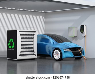 Electric Vehicle Recharging In Garage. Charging Station Powered By Reused EV Batteries. 3D Rendering Image.