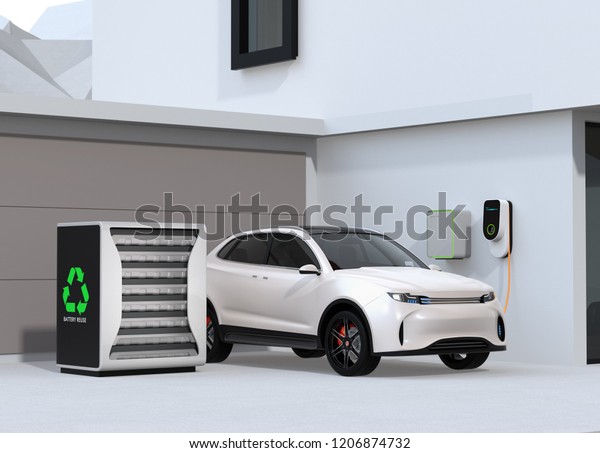 Electric vehicle\
recharging in garage. Charging station powered by reused EV\
batteries. 3D rendering\
image.