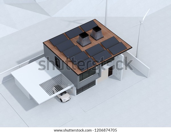 Electric
vehicle recharging in garage. The smart home powered by solar
panels and wind turbine. 3D rendering
image.