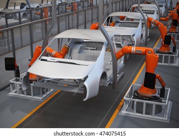 Electric Vehicles Body Assembly Line. 3D Rendering Image.