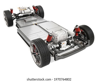 Electric Vehicle's chassis with dual motors and battery system isolated on white background. 3D rendering image.