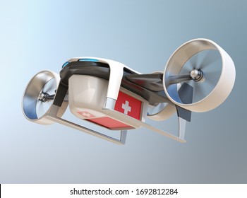 Electric VTOL Delivery Drone Carry Medical Kit. Touchless Security Delivery Concept. 3D Rendering Image.