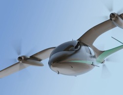 Electric VTOL Passenger Aircraft  Flying In The Sky. 3D Rendering Image.
