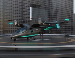 Electric VTOL Passenger Aircraft Parking On The Helipad. Urban Passenger Mobility Concept. 3D Rendering Image.