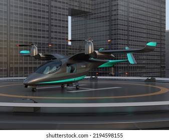 Electric VTOL Passenger Aircraft Parking On The Helipad. Urban Passenger Mobility Concept. 3D Rendering Image.