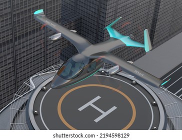 Electric VTOL Passenger Aircraft Takeoff Or Landing The Helipad. Urban Passenger Mobility Concept. 3D Rendering Image.