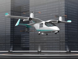 Electric VTOL Passenger Aircraft Taking Off From The Helipad. Urban Passenger Mobility Concept. 3D Rendering Image.