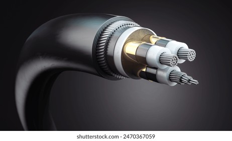 Electric wire cable structure. Armored submarinу aluminium elctric cable on black background, 3d illustration