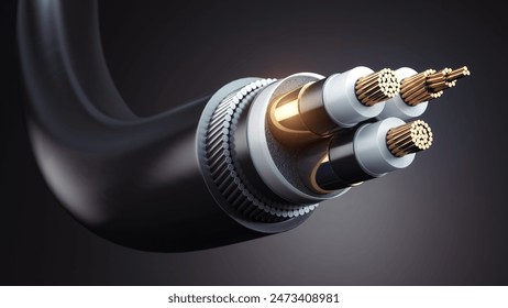 Electric wire cable structure. Armored submarine copper  electric cable on black background, 3d illustration