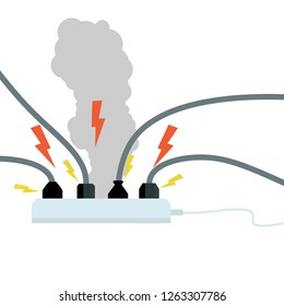 Electrical Circuit. Shock, Red Lightning And Yellow Sparks From The Outlet. Connector And Plug. System Overload. The Problem With The Appliance. Fire Situation With Smoke And Safety.