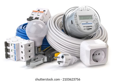 Electrical component and equipment. CIrcuit breaker, electric meter, cables, light bulb isolated on white. 3d illustration - Powered by Shutterstock