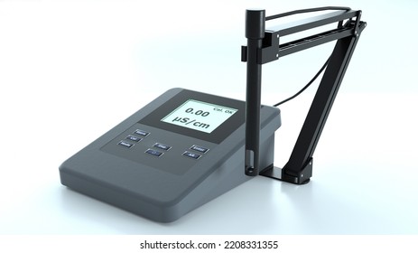 Electrical Conductivity Meter With Electrode. Conductometer On White Perspective View. Liquid Chemistry. 3D Render.