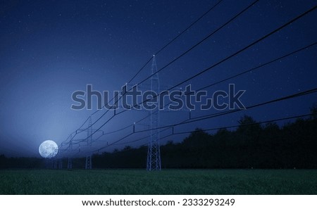 Electrical grid interconnected network used for electricity delivery with power lines over full moon night sky. Industrial energy transmission pylon with electric cables, 3D render. 3D Illustration