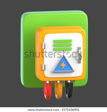 Electrical Panel 3D Icon with colorful wires and a power warning symbol, representing energy management and electrical safety
