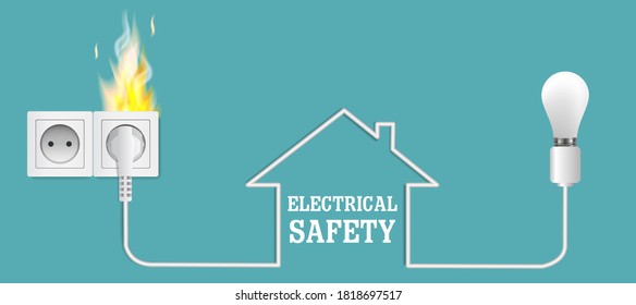 Electrical safety hazards poster banner design template. House in which socket outlet caught fire. - Powered by Shutterstock