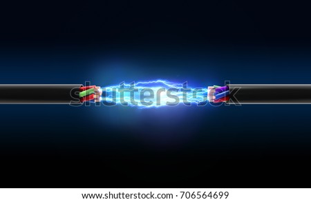 Electrical spark between two wires. 3D illustration
