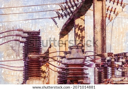 Electrical substation. An electrical installation designed for the reception, conversion, and distribution of electrical energy. Digital watercolor painting