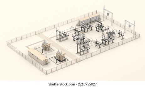 Electrical Substation In Isometric Schematic View. Power Distribution. 3d Illustration