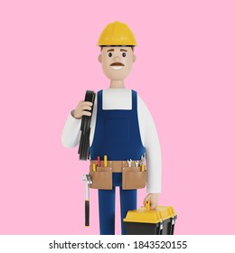 Electrician construction worker with tools and with a wire 3D illustration in cartoon style.