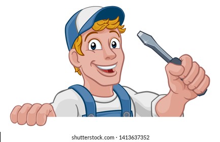 Electrician handyman man handy holding electricians screwdriver tool cartoon construction mascot. Peeking over a sign - Powered by Shutterstock