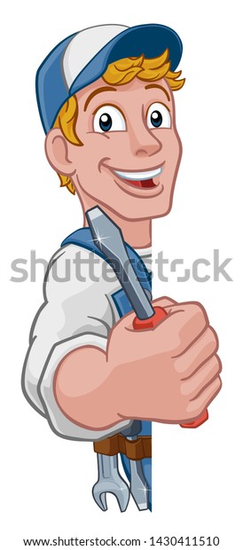 Electrician\
handyman man handy holding electricians screwdriver tool cartoon\
construction mascot. Peeking around a\
sign