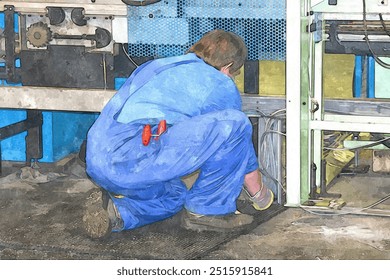 Electrician laying cables on a machine. He needs a thorough knowledge of the human-machine interface and the correct laying of cables. Picture in watercolor style. - Powered by Shutterstock