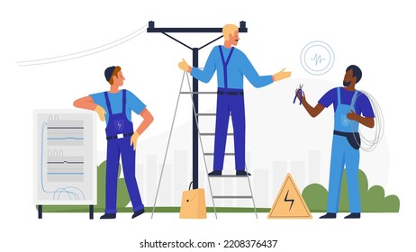 Electrician people repair electric pole, technical service illustration. Cartoon worker repairman character working, climbing stairs, man repairing city electrical network isolated on white - Powered by Shutterstock