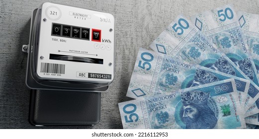 Electricity Meter And 50 PLN Banknotes - 3D Illustration