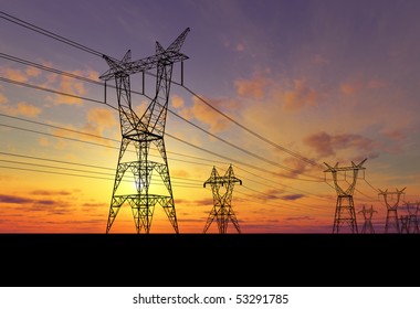 Electricity Pylons At Orange Sunset