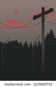 Electricity Transmission Pylon Towers Silhouette With Forest Background Dark Illustration Showing Loneliness, Electricity Crisis And Sunset Depression Feeling Melancholy Sadness Sorrow Evening 