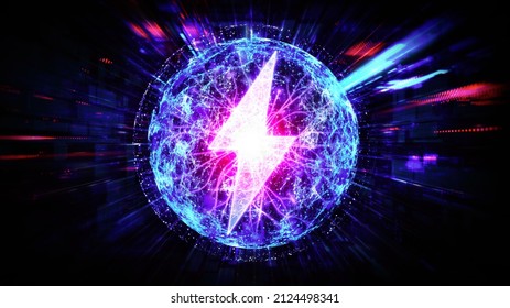 Electrification And Energy Storage Concept - Renewable Energy And New Technologies And Solutions To Power The Economy - Electricity Symbol On Abstract Tech Background

