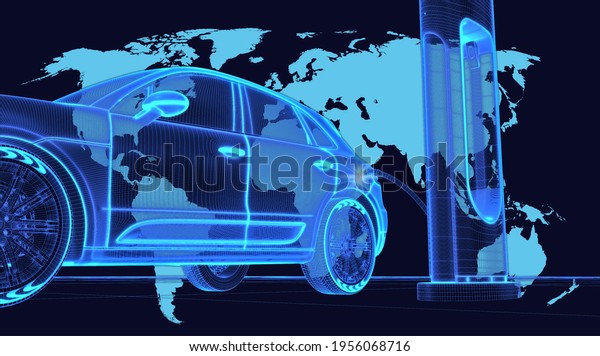 Electro\
mobility e-motion concept. Digital electric car at charging station\
on world map background, 3D\
illustration.