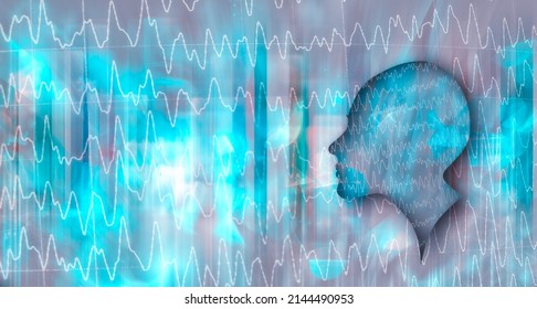 Electroencephalography concept. Medical background with patient profile silhouette and spike and waves EEG pattern with copy space. EEG used as method of diagnosis for tumors, stroke and other foca