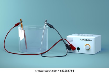 Electrolysis of water. Educational chemistry. Electrolysis of water into hydrogen and oxygen gas. 3D Render.