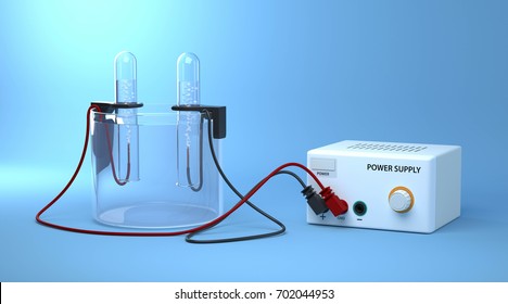 Electrolysis of water. Educational chemistry. Electrolysis of water into hydrogen and oxygen gas with tubes. 3D Render.