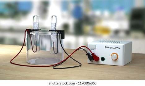 Electrolysis of water on wooden table in lab. Educational chemistry. Electrolysis of water into hydrogen and oxygen gas. 3D Render.
