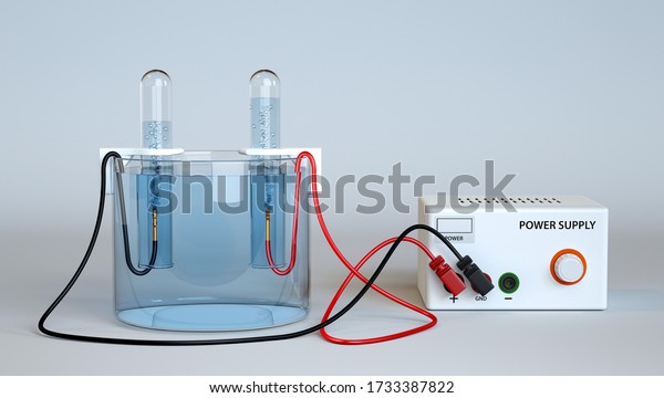 Electrolysis of Water. Oxygen and Hydrogen\
Production with test tubes. 3d\
rendering.