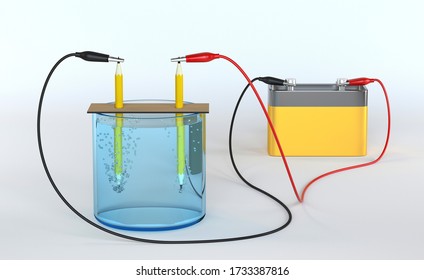 Electrolysis Of Water With Pencils And Battery. 3d Rendering.