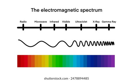 electromagnetic spectrum, wave lengths, frequency and temperature, Electromagnetic wave structure scheme, Physics infographic elements, Educational school physics, Visible light diagram
