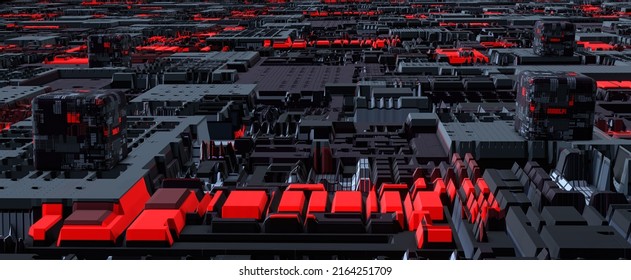 Electronic Abstract City Board. Red Cyber Buildings With Futuristic 3d Render Processors. Technological Art Of Fantastic Metropolis With Connections To Global Network