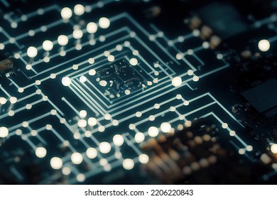 An Electronic Circuit Board With Chips And LED Lights In The Background. Close-up Picture Of An Electronic Circuit Board. 3D Illustration.