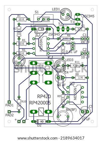 Electronic circuit board schema, developing drawing of real security system, which works to open window or door, makes signal