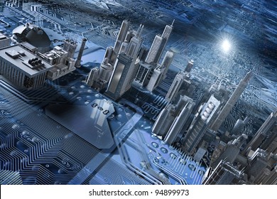 Electronic Circuit And City In 3d