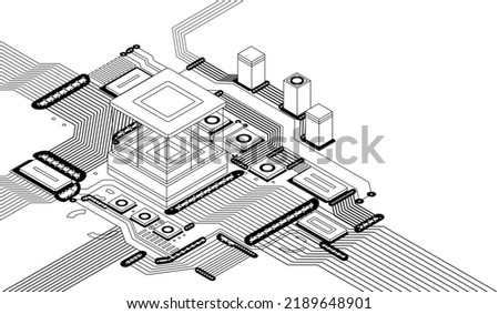 Electronic cpu digital chip monochrome. Processor and electronic components on motherboard or circuit board. Microchip or microprocessor, hardware engineering. AI. Blockchain technology isometric